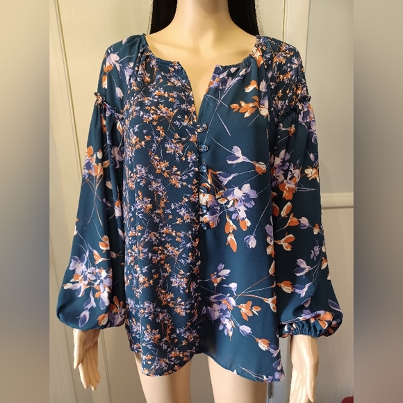 Zac & Rachel Tops - Zac & Rachel Navy Blue With Purple And Orange Flowers